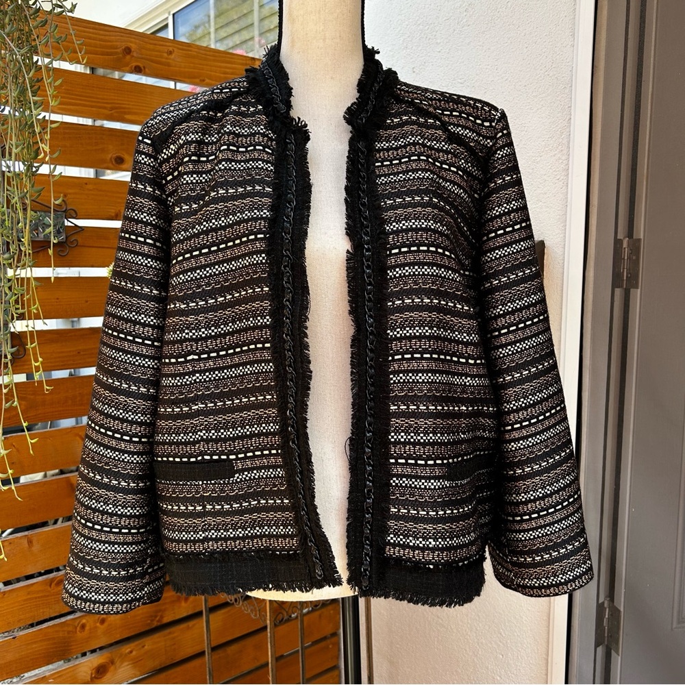 Chico’s Open Front Embellished Fringe Tweed Jacket Gold Black White Size 3